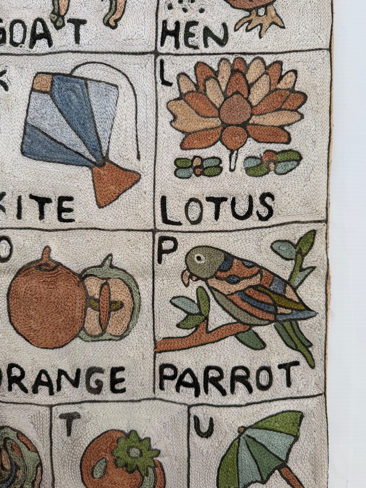 Vintage Hand Silk Embroidered Kashmiri Chain-Stitch Alphabet ABC Tapestry Rug