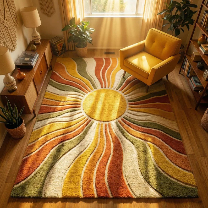 Sunburst Boho Wool Area Rug Mid Century Living Room