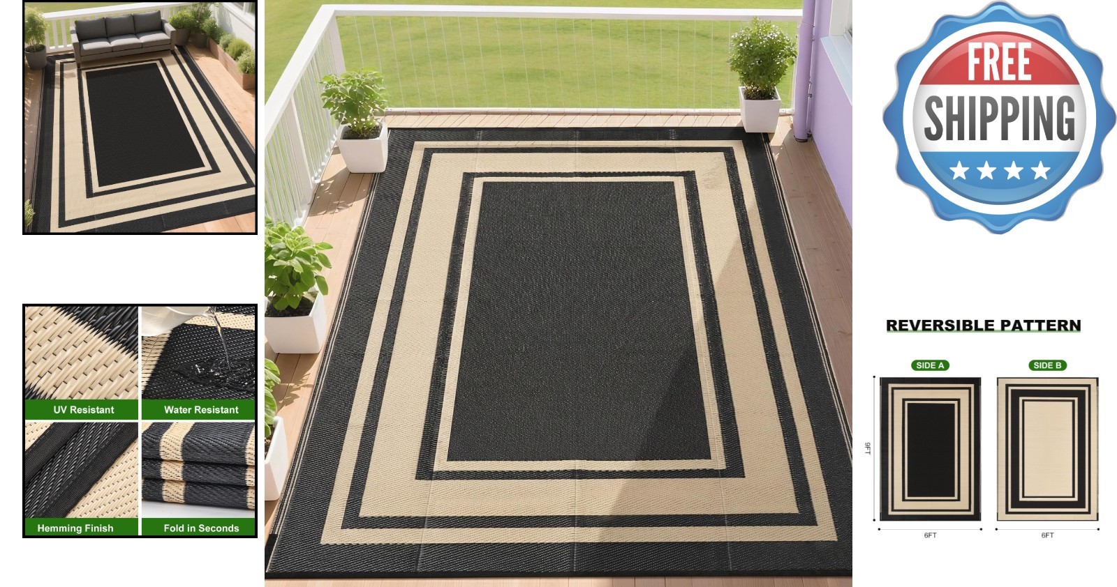 Stylish Black & Beige 6×9 Outdoor Rug – Waterproof, Reversible & Easy to Clean