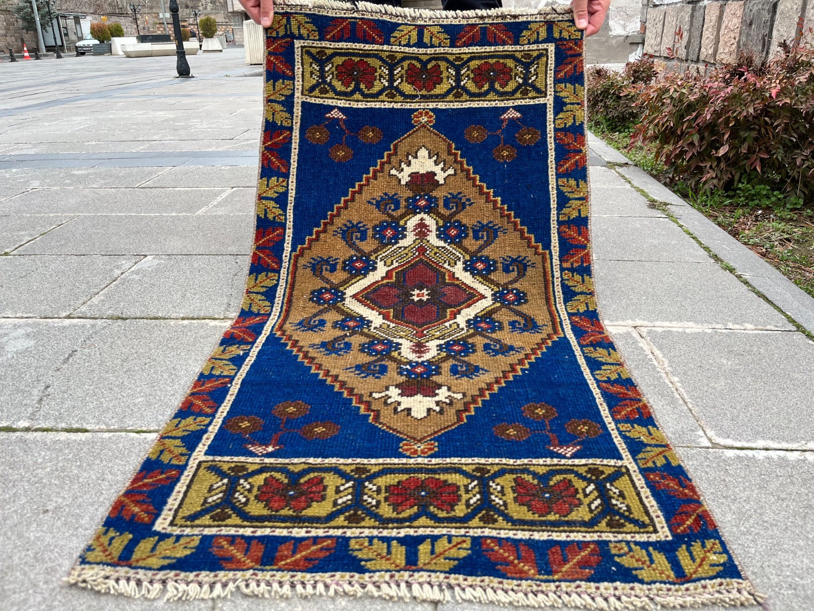 Vintage Oushak Rug 1.9×3.6 ft Small Turkish Indigo Blue Boho Tribal Mat