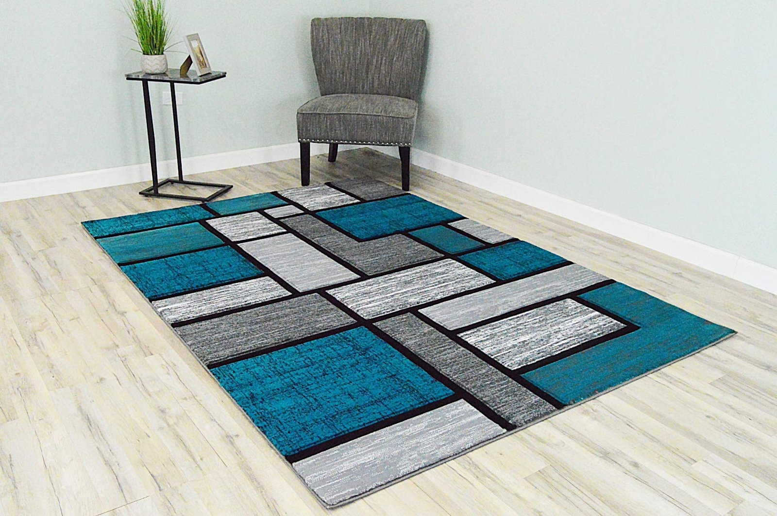 Premium Carved Modern Contemporary Abstract Rug 3995 Turquoise Grey 5’3”x7’6”