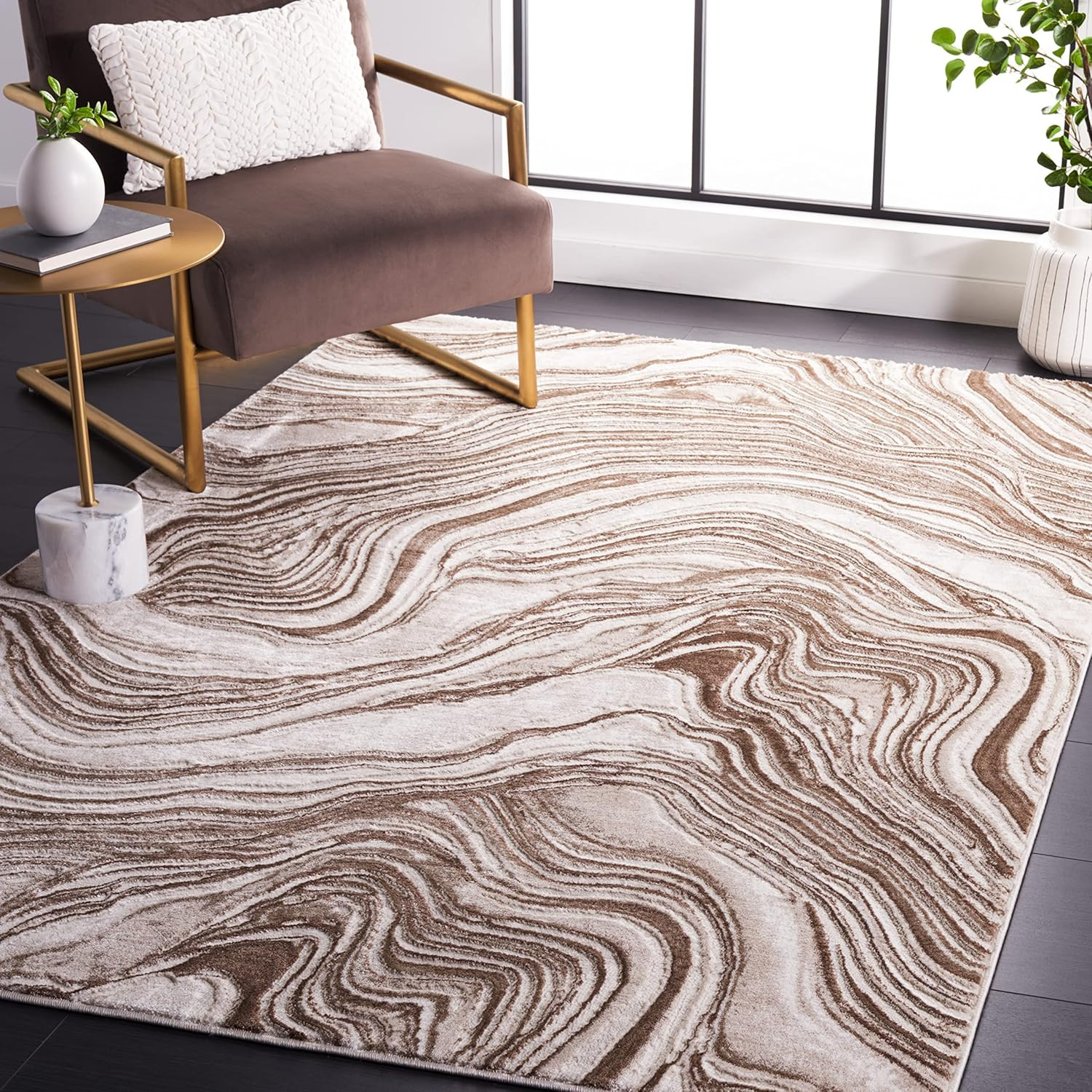 Modern Abstract Area Rug 9′ x 12′ – Brown & Beige, Easy Care, Non-Shedding