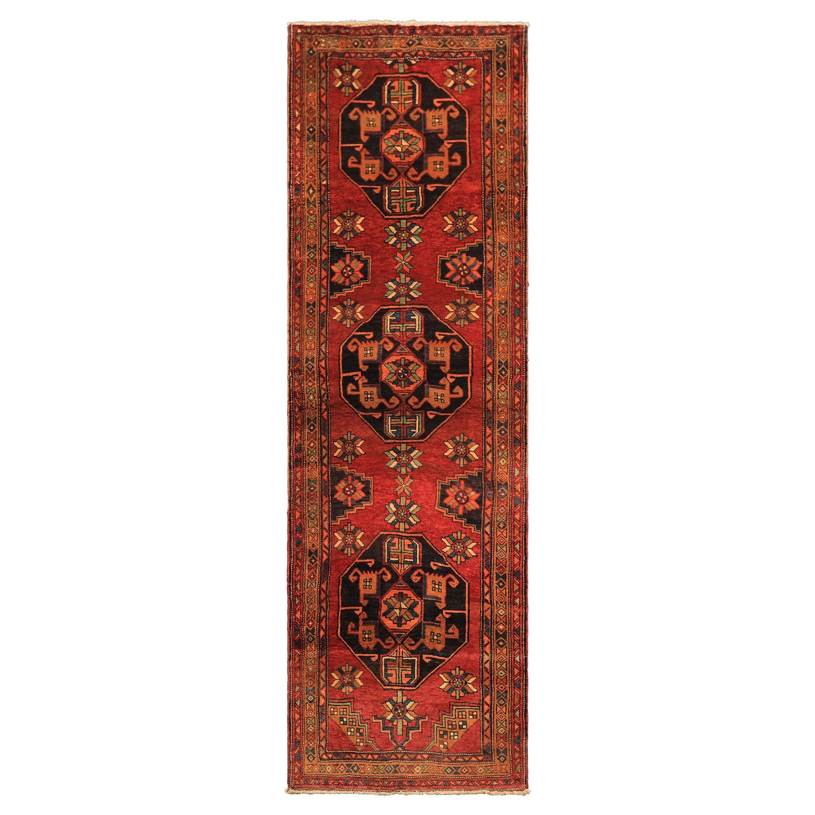 3’9″x11’6″ Runner Hand Knotted Wool Kurdishh Hamadaan Vintage Vegetable dye Rug