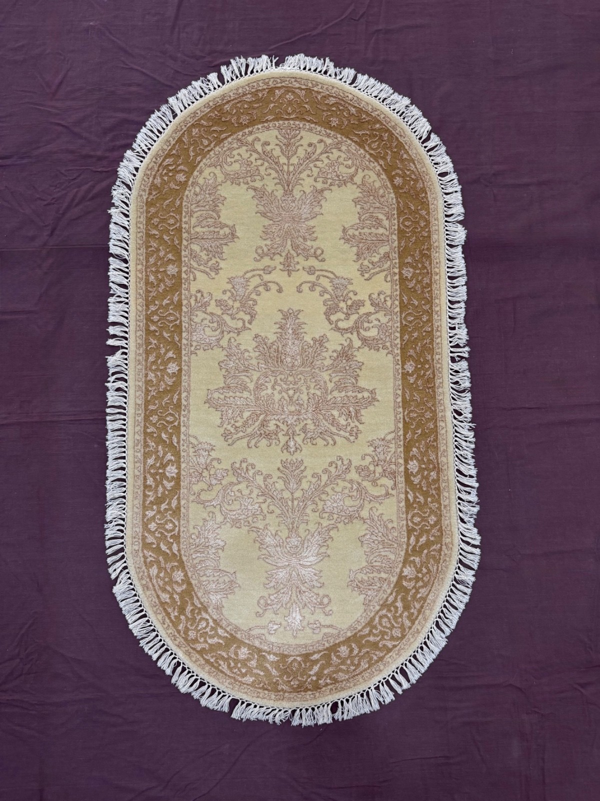 Vintage Hand Knotted Wool Rug Oval Beige-Gold Damask Bedside Rug 70×140