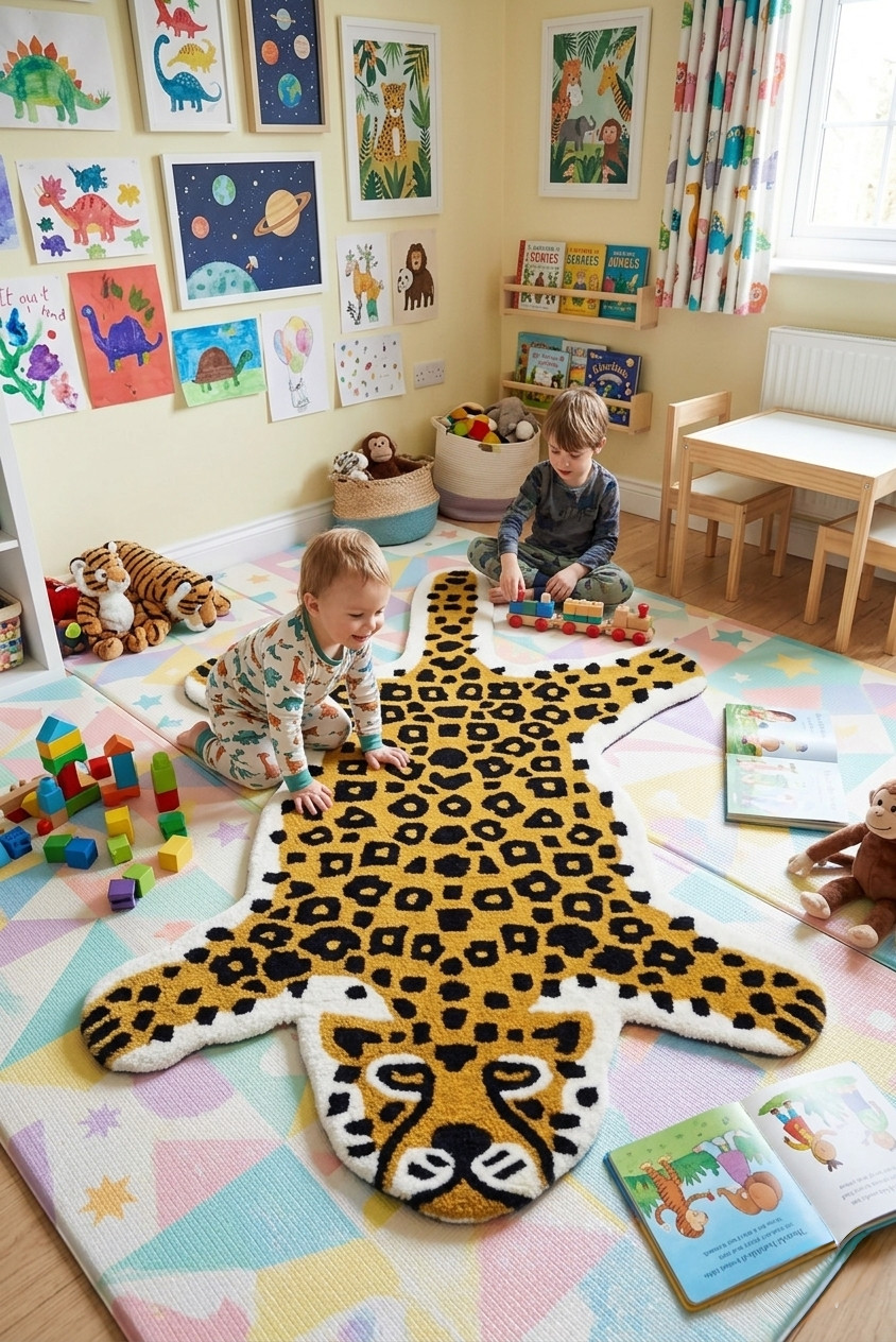 Handmade Leopard Print Wool Rug – Tufted Animal Shaped Accent Area Carpet Decor