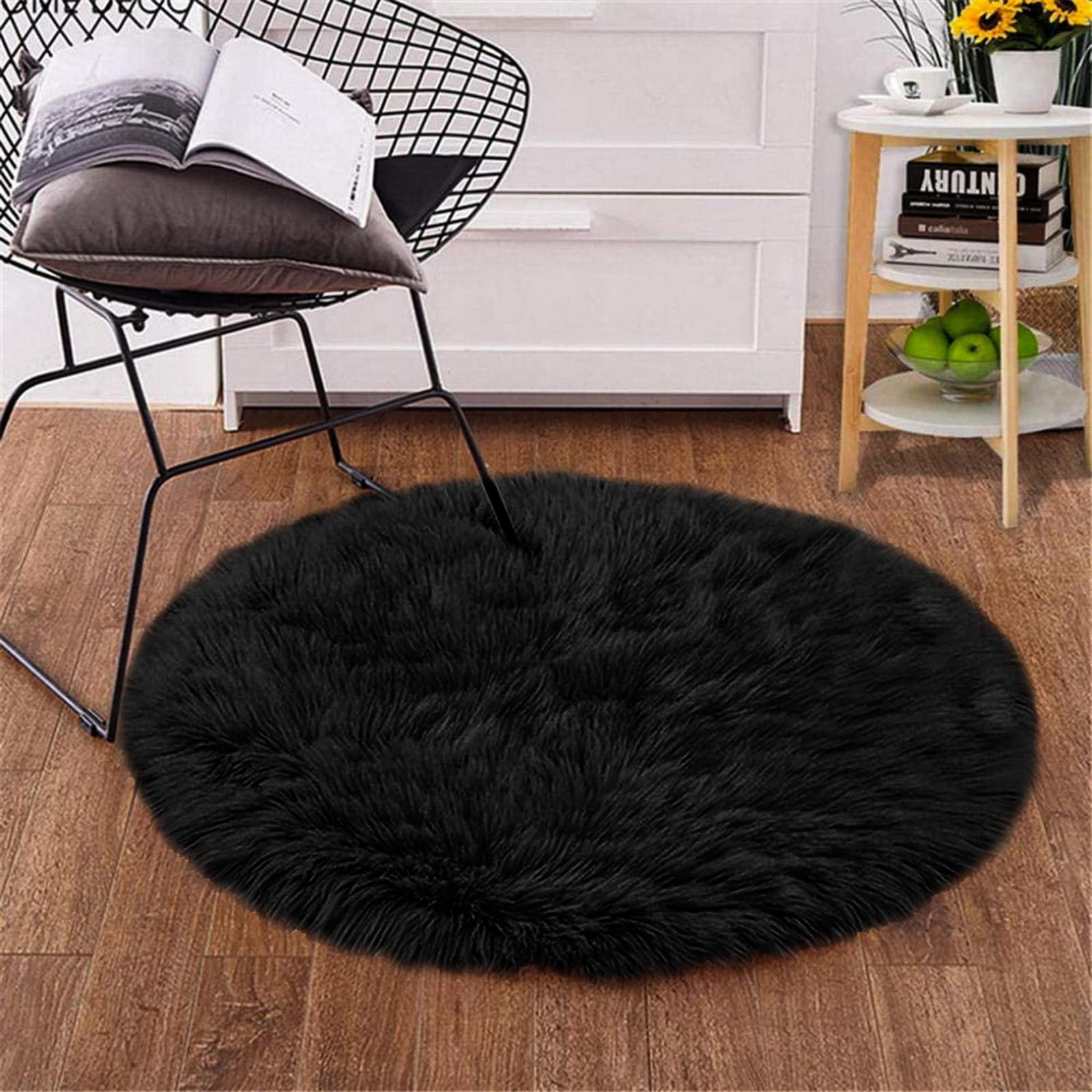 ROUND RUG for Kids Room Bedroom Fluffy Circle Faux Fur Black 4ft GOOLELA
