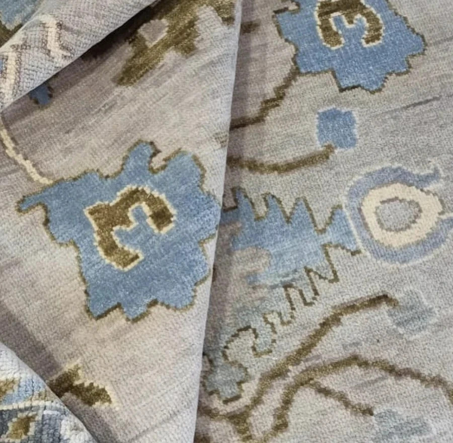 Hand-Knotted Oushak Area Rug Muted Blue Gray Floral Carpet 8×10