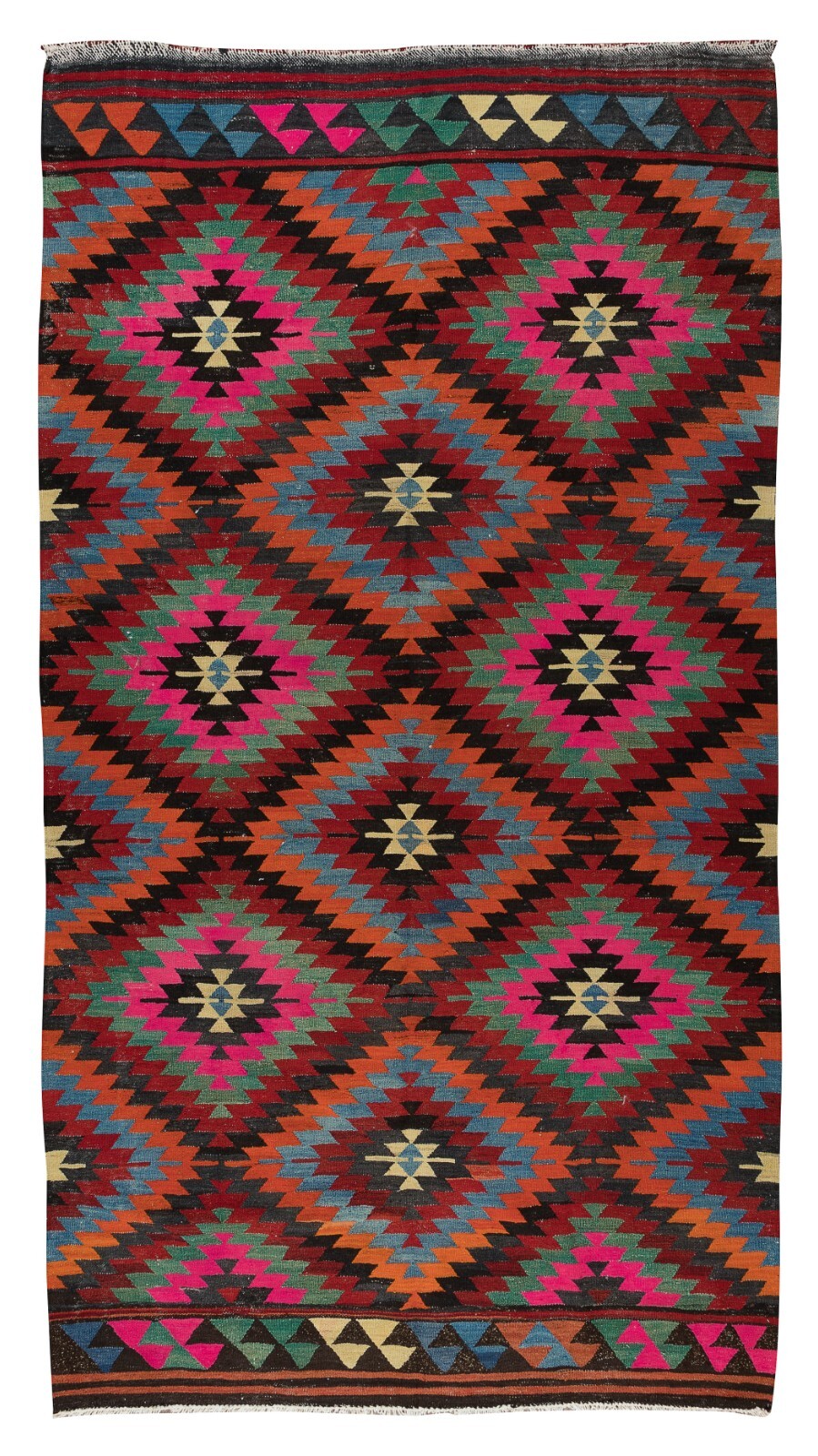 6×11 Ft Hand-Woven Vintage Turkish Wool Kilim, Geometric Design Colorful Rug