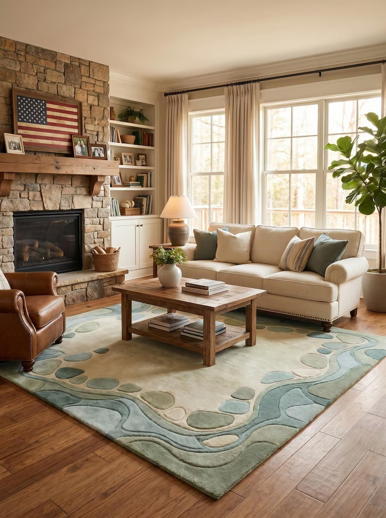 Hand Tufted Wool Pebble Border Rug Sage Green Modern Organic Area Rug