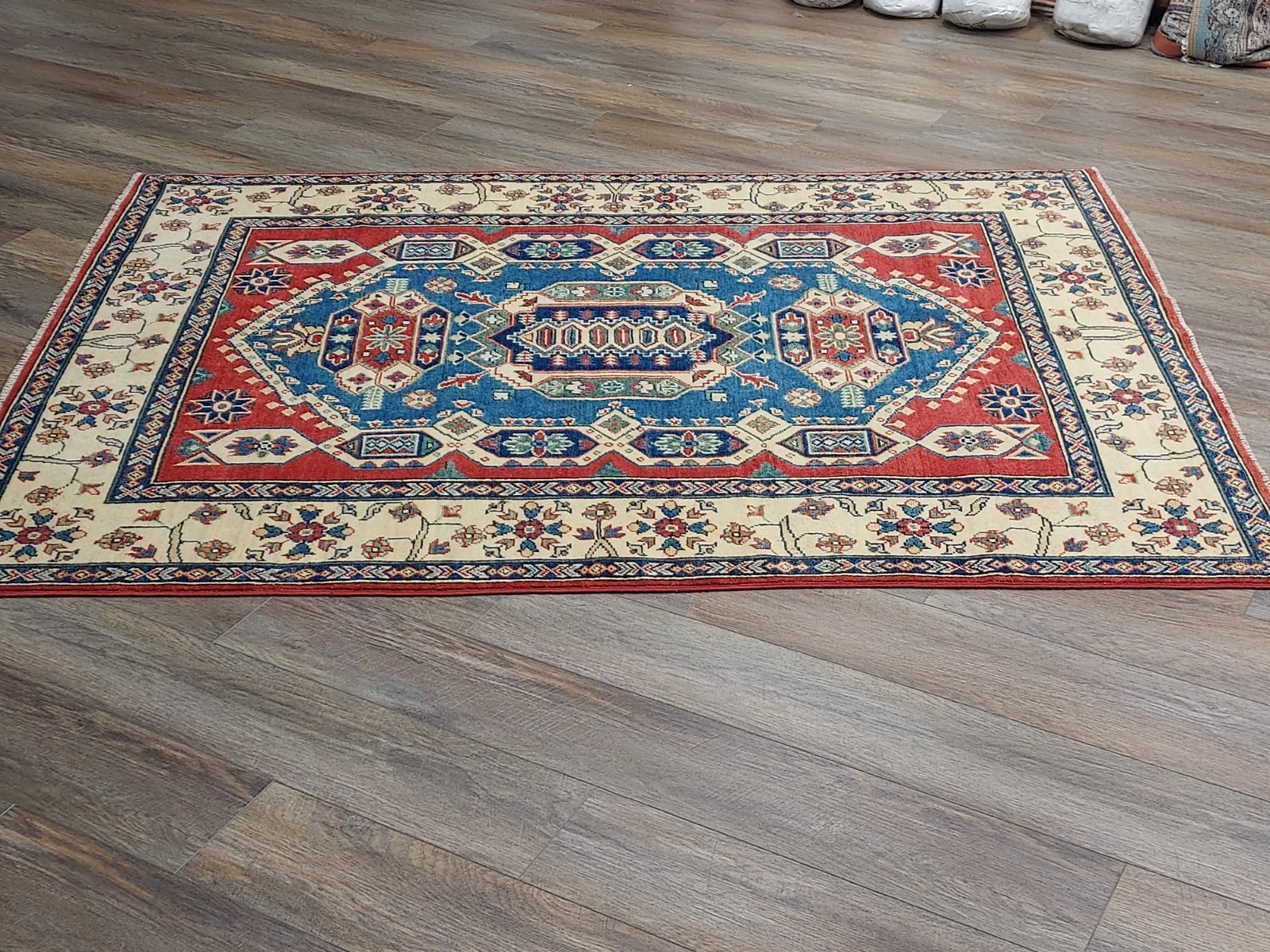 Turkish Hand Made Bohemian Geometric Kazak Design, Turkish Rug 5×6.9 Ft