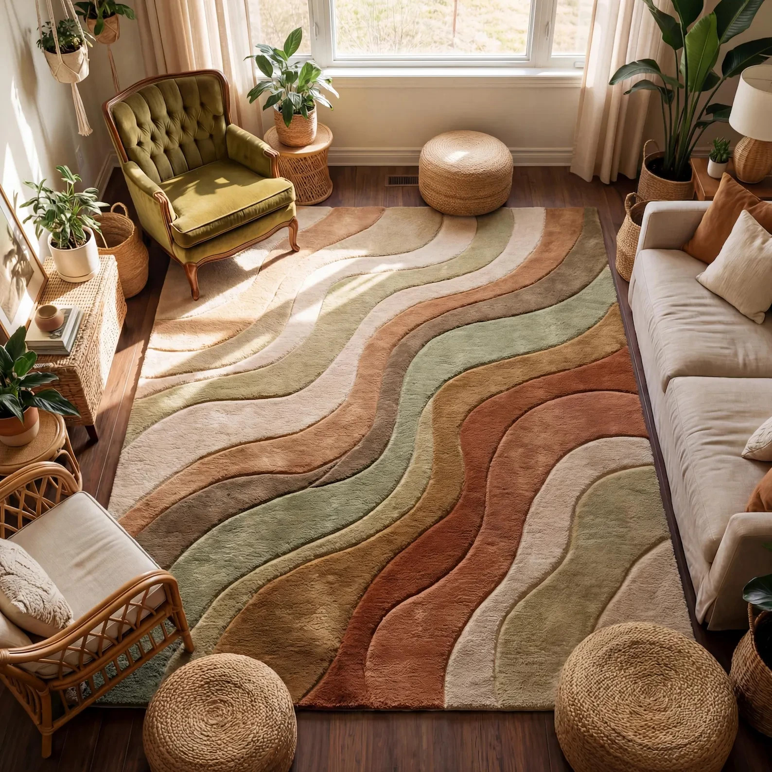 Modern Hand Tufted Rug Abstract Wave Carpet Earth Tone Wool Area Rug Living Room