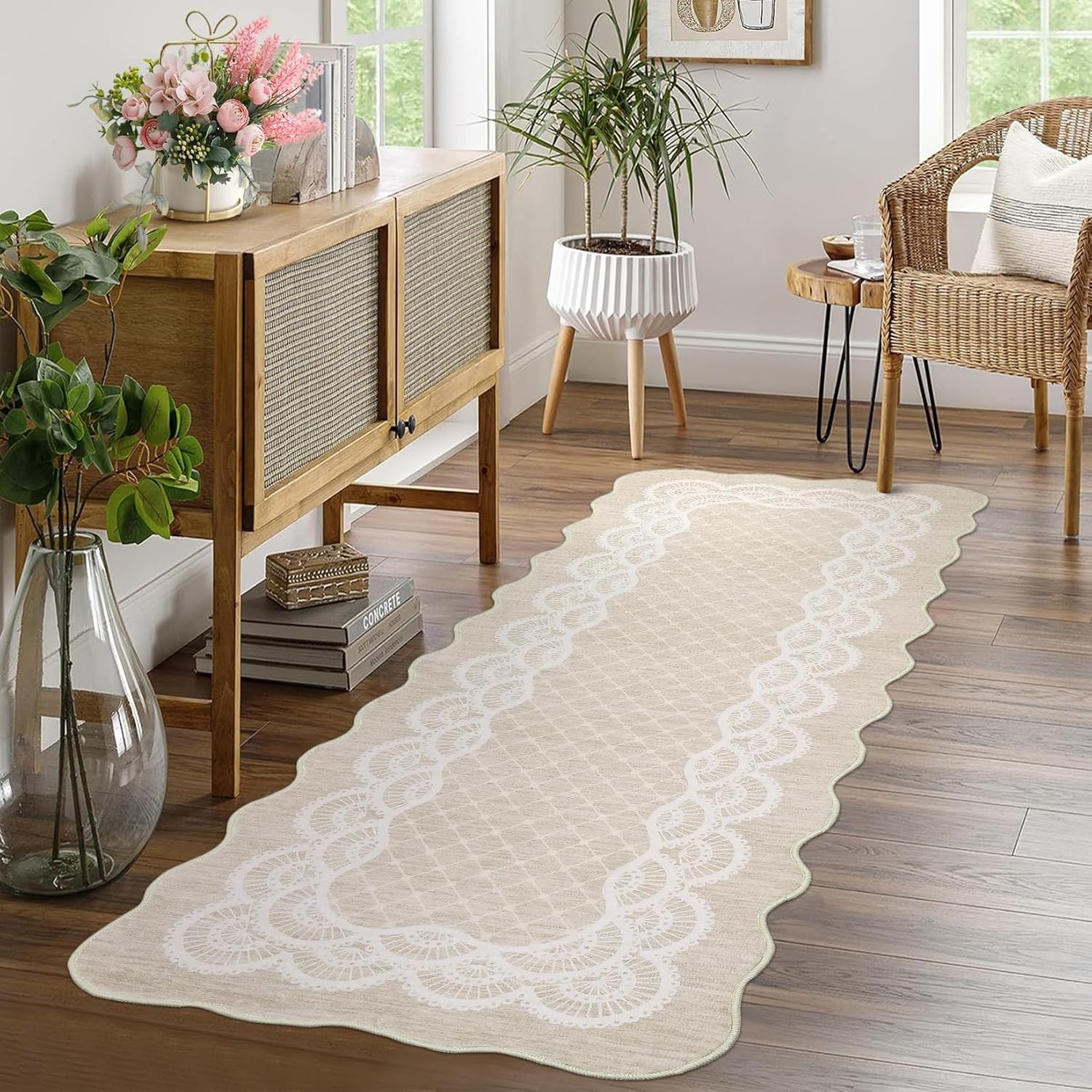 Scalloped Geometric Trellis Washable Area Rug Non Slip Living Bedroom Nursery