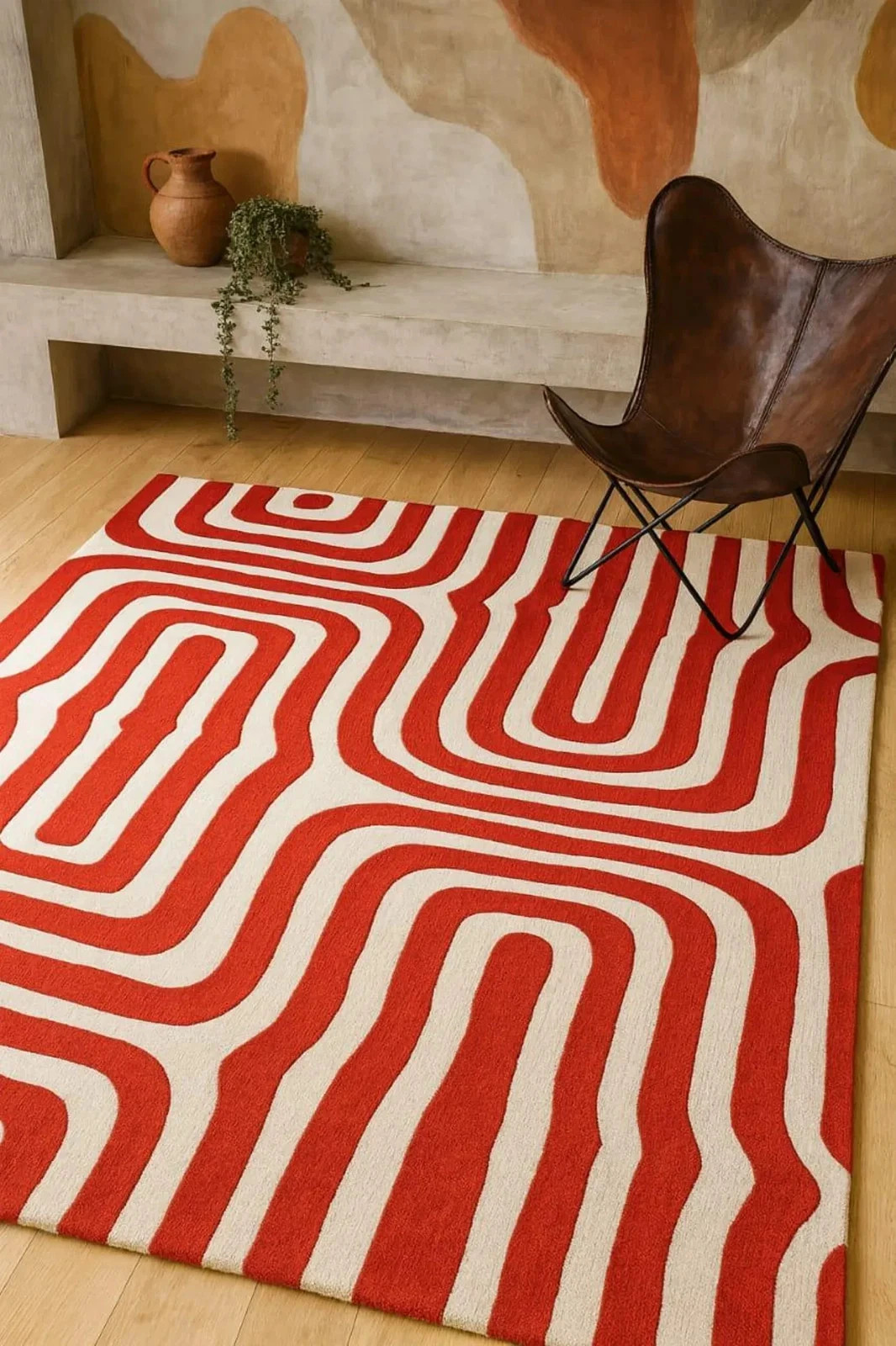 Retro Psychedelic Curvy Line Pattern 8×10 Red Bold Maximalist Living Area Rug
