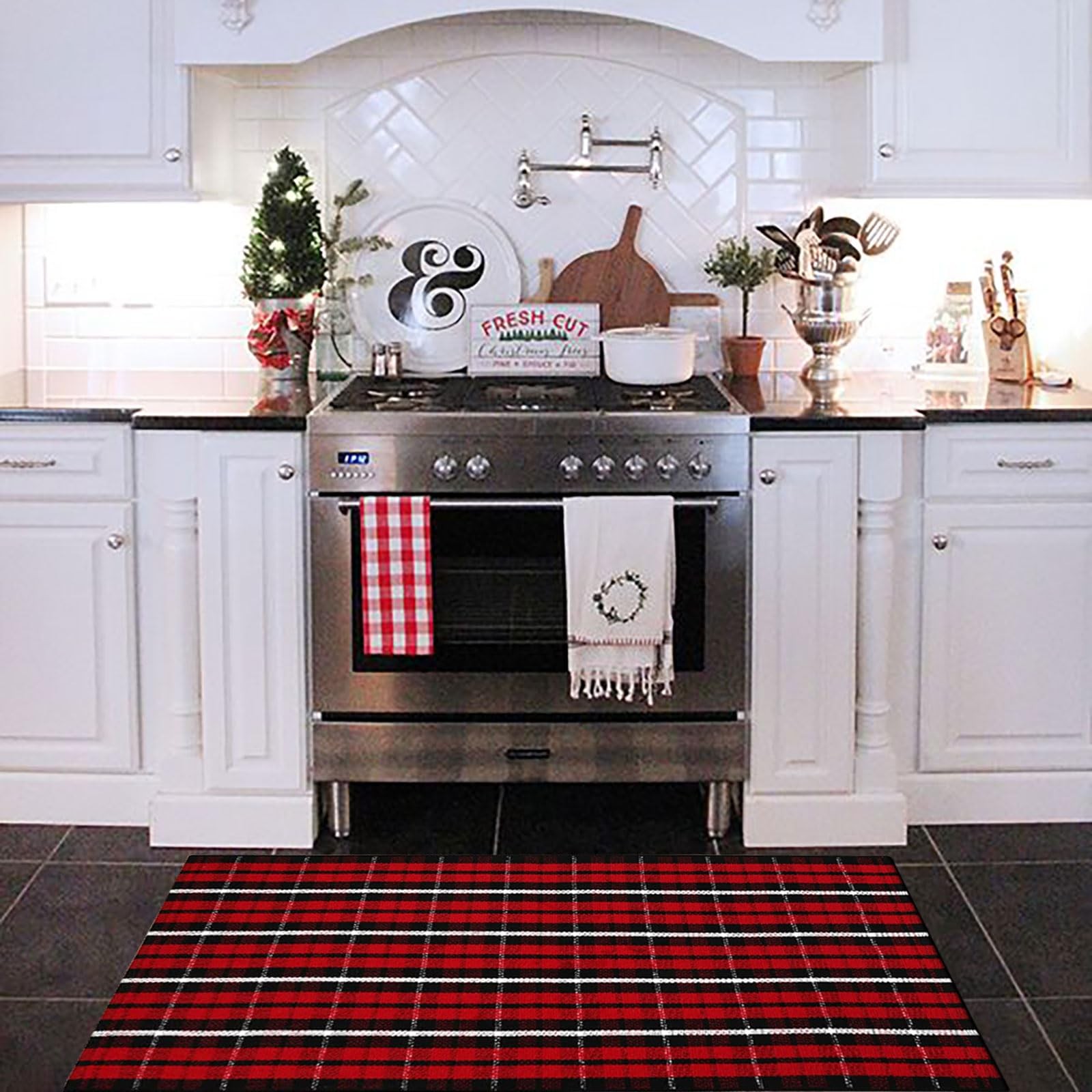Christmas Plaid Outdoor Rug, 2′ x 4’3” Red & Black Check Indoor/Outdoor Area…