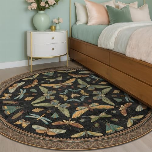 Washable Black 6ft Round Area Rugs for Bedroom Beside Bed – Dark Unique