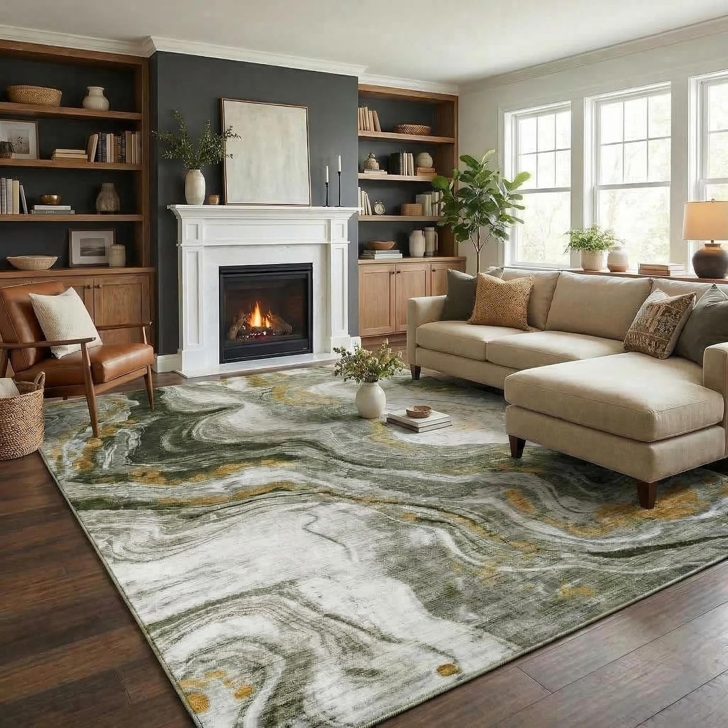 Modern Abstract 8×10 Washable Area Rug Non Slip Living Bedroom Dining Room Black