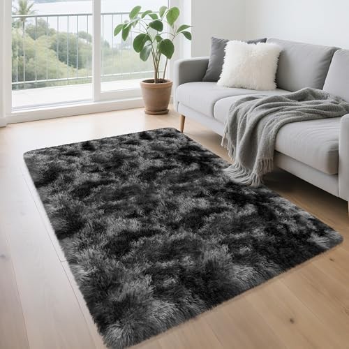 3×5 Dark Grey and Black Shaggy Rug for Bedroom Living Room Soft Fuffly Shag