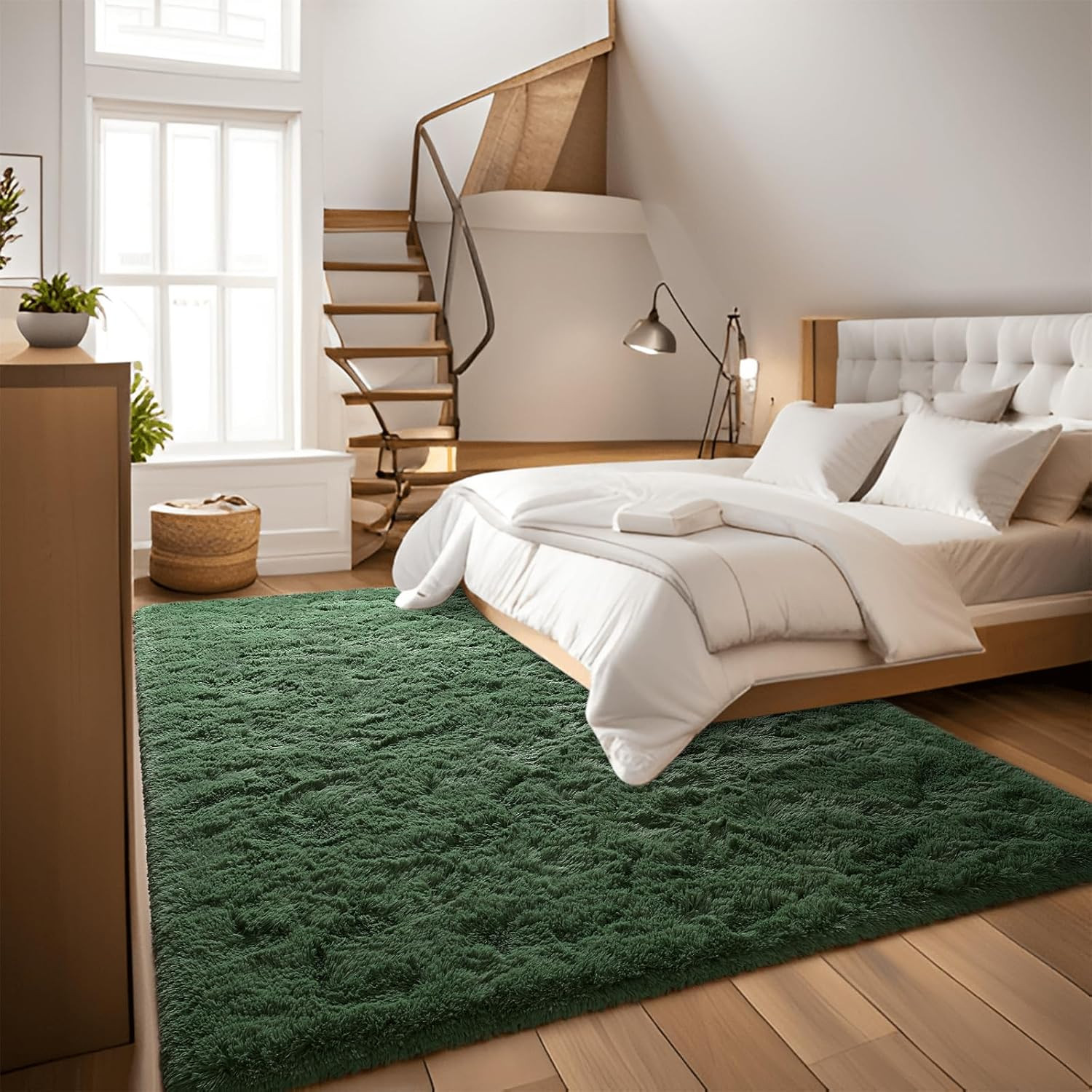 Soft Plush Dark Green Shag Rug 8×10 – Non-Slip, Machine Washable Carpet
