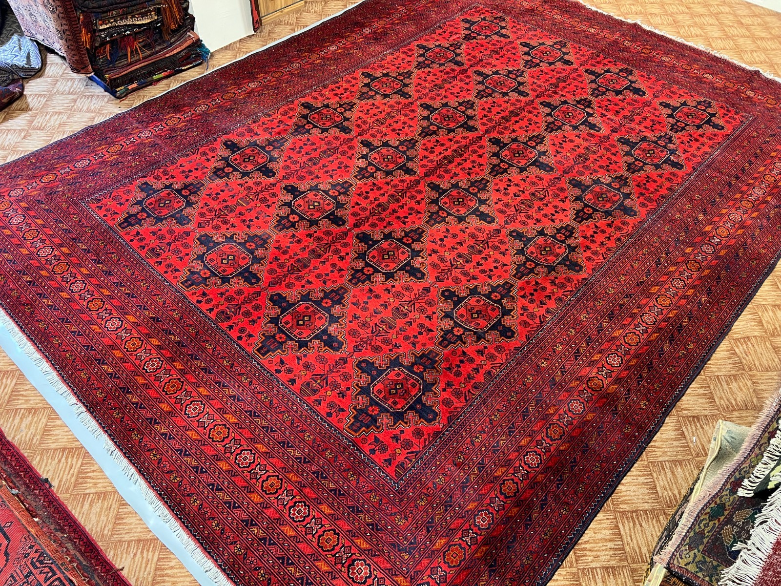 9’11 x 13’3 Ft Striking Afghan Tribal Hand Knotted Wool Rug Red Navy Geometric