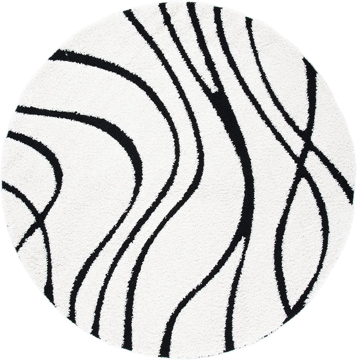 Ivory/Black Abstract Wave 5′ Round Plush Area Rug for Living Room & Bedroom