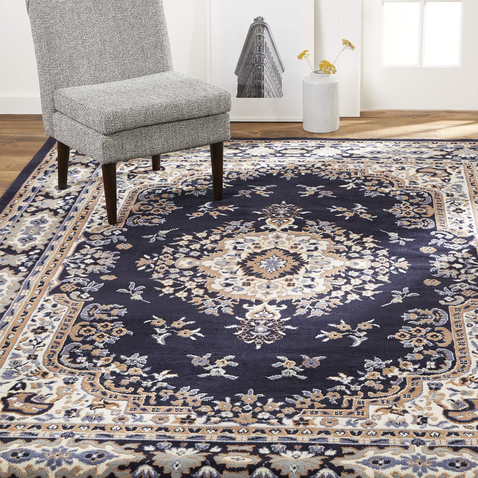 Home Dynamix Sakarya Traditional Medallion Area Rug, Navy Blue/Brown, 5’2×7’4