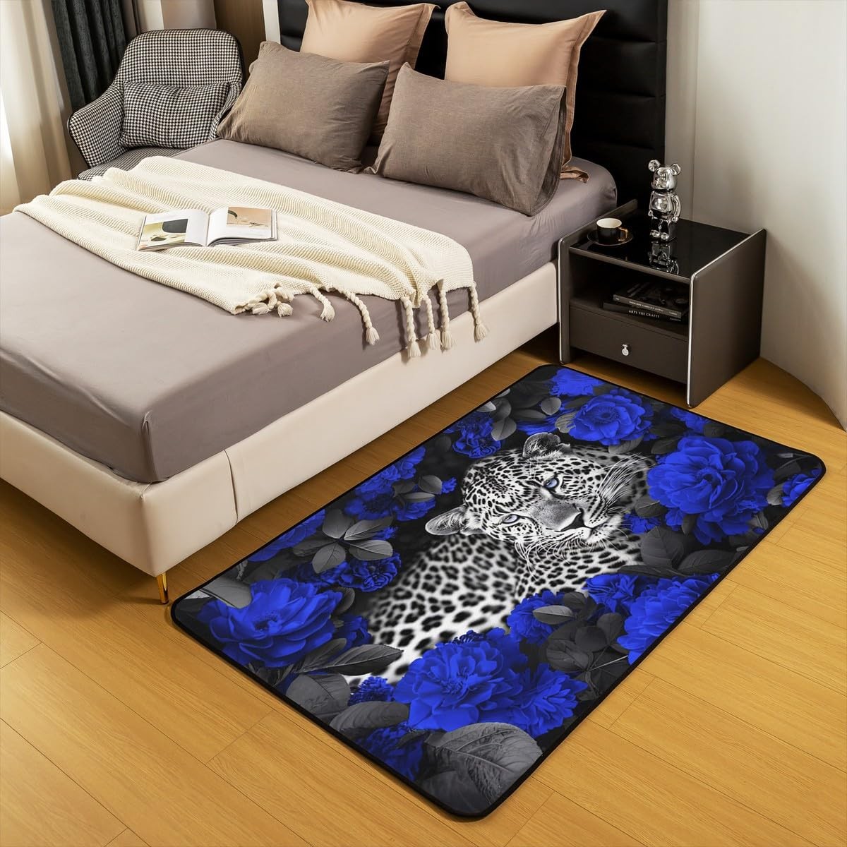 Erosebridal 3D Leopard Area Rug Blue Rose Cheetah Print Rug 3X5 For Kids
