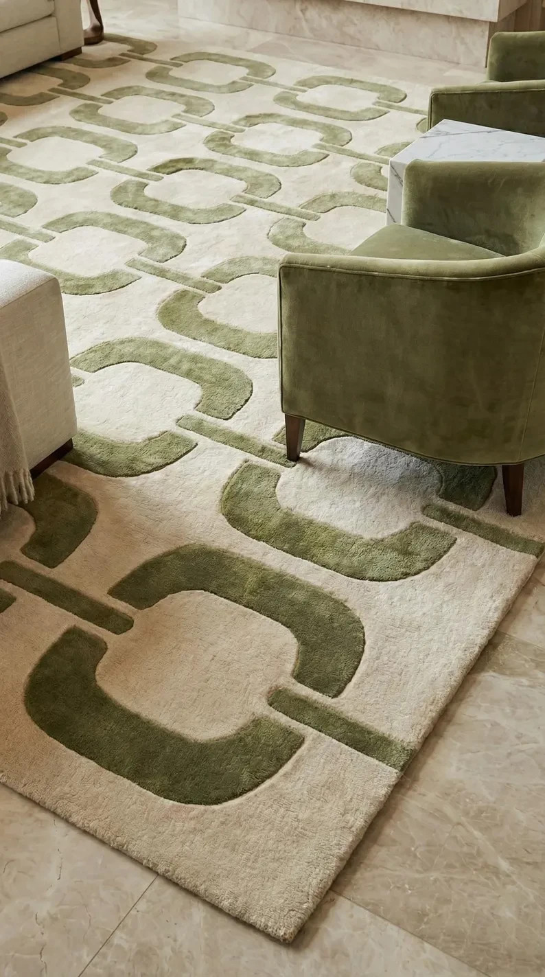 Green Geometric Hand Tufted Rug, Modern Wool Area Rug, Handmade Custom Size