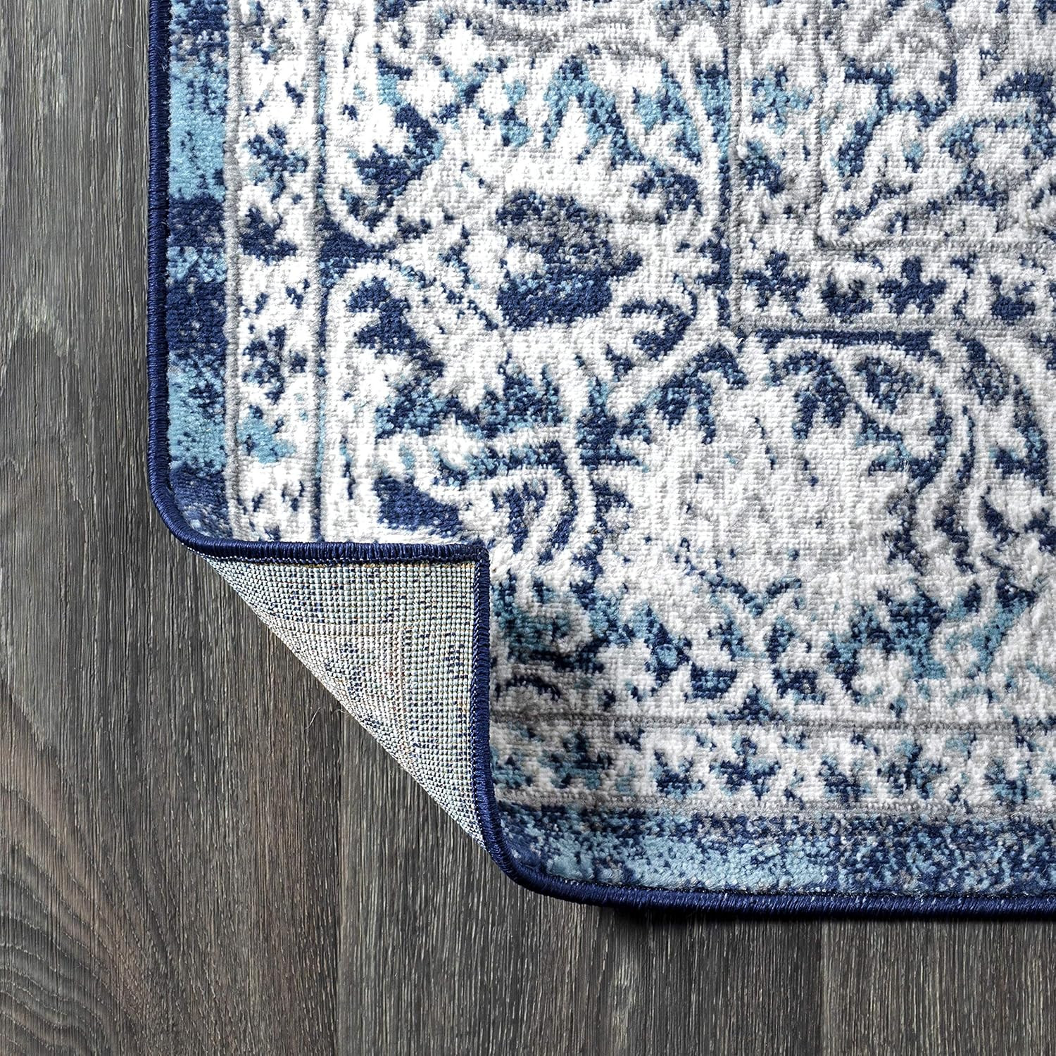 Modern Vintage Navy/Light Gray 9×9 Square Area Rug – Pet Friendly & Easy-Clean