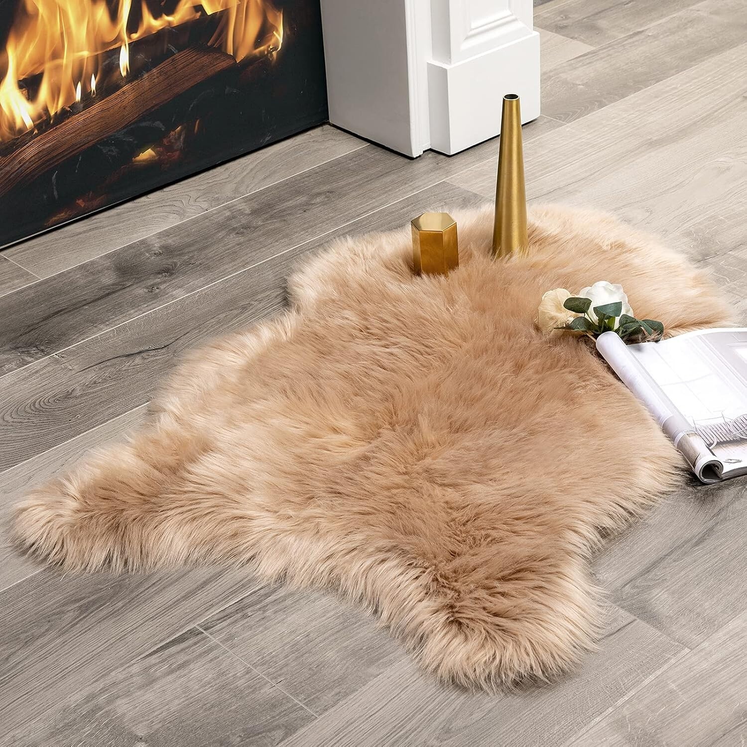 Soft and fluffy faux fur rug Plush sheepskin rug 2 x 3 feet, khaki 1 pcs
