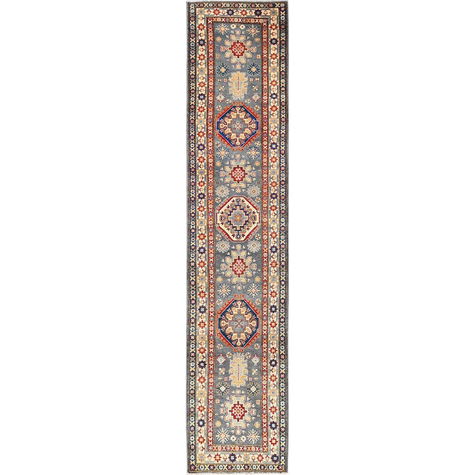 2’7″x12’6″ Gray Kazak with Geometric Design Hand Knotted Rug Wool Runner 2041