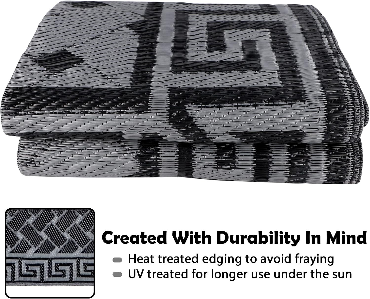 Elegant 4′ x 6′ Reversible Outdoor Rug – black & grey, Versatile and Durable