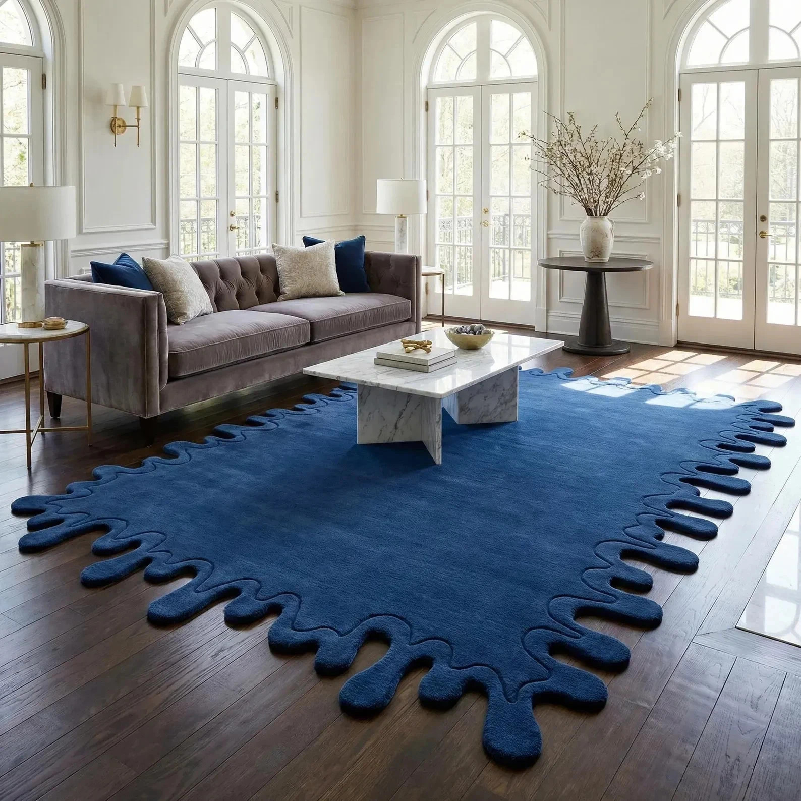 Modern Blue Abstract Area Rug Unique Irregular Edge Luxury Living Room Carpet