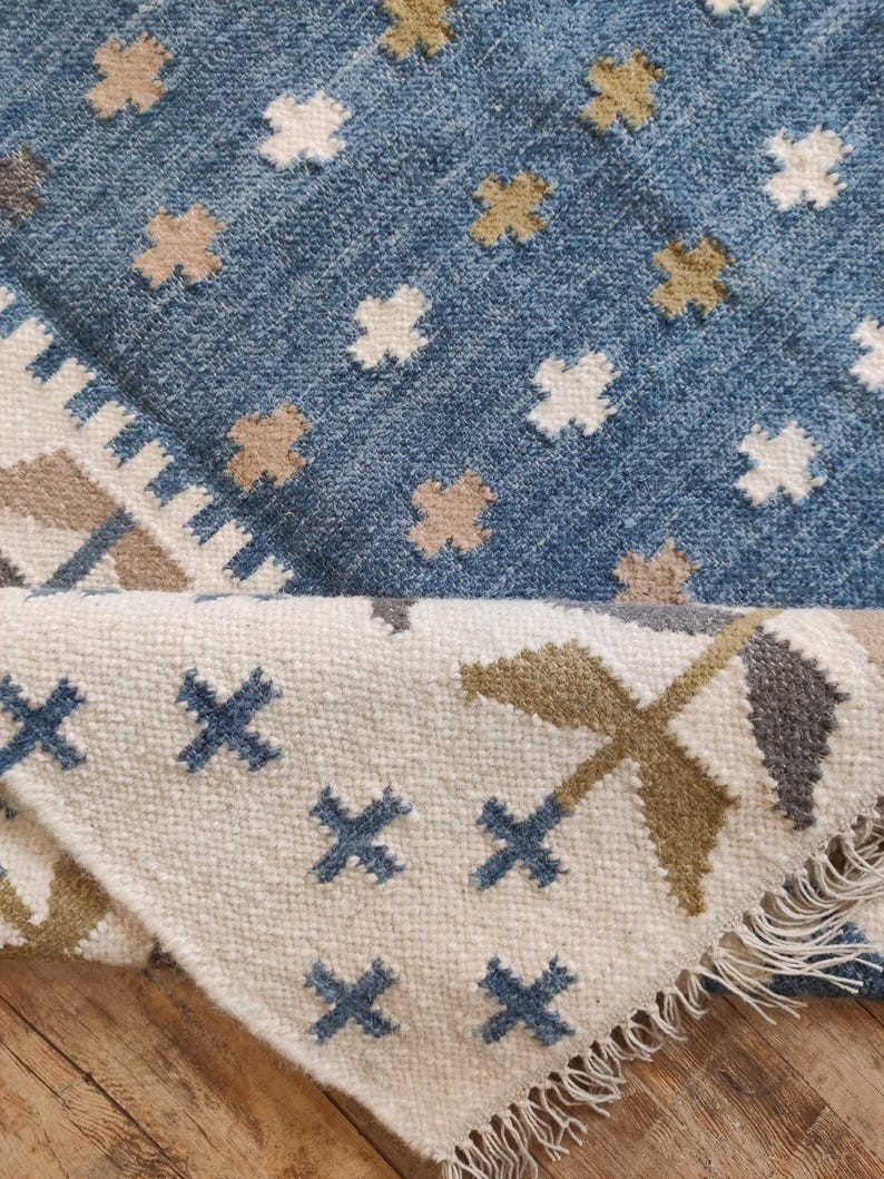 Handmade Wool Area Boho Rug Vintage Kilim Modern Carpet Blue/White Living Room