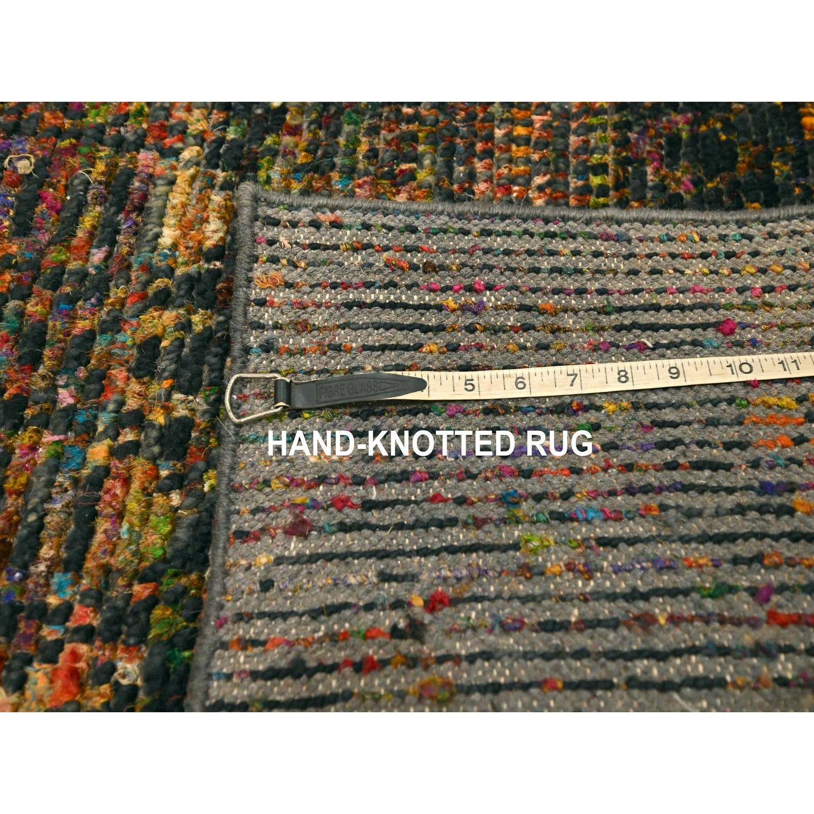 2’6″ x 11′ Black Sari Silk and Wool Striae Design Hand Knotted Runner Rug R76206