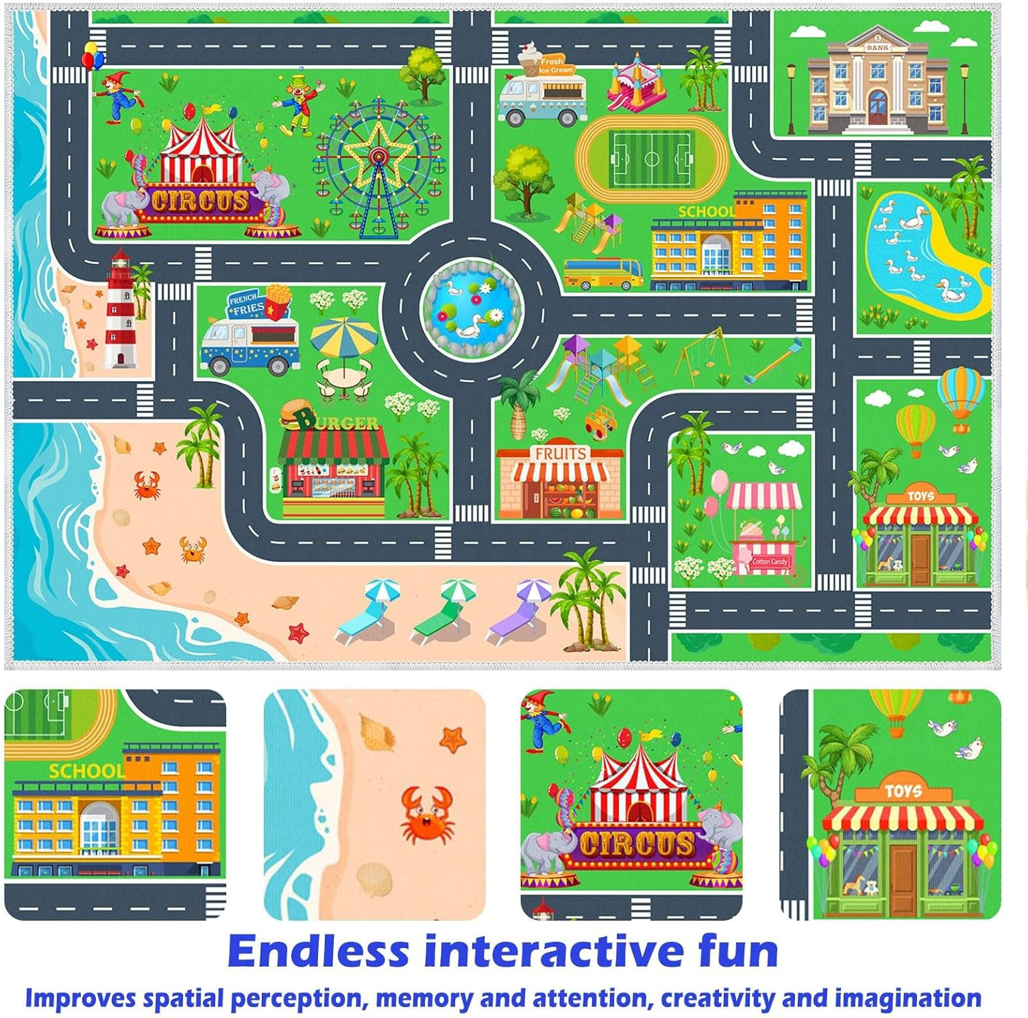 Kids Carpet Playmat Car Rug, Car Rug for Kids Toy Cars and Train, Non Slip Play