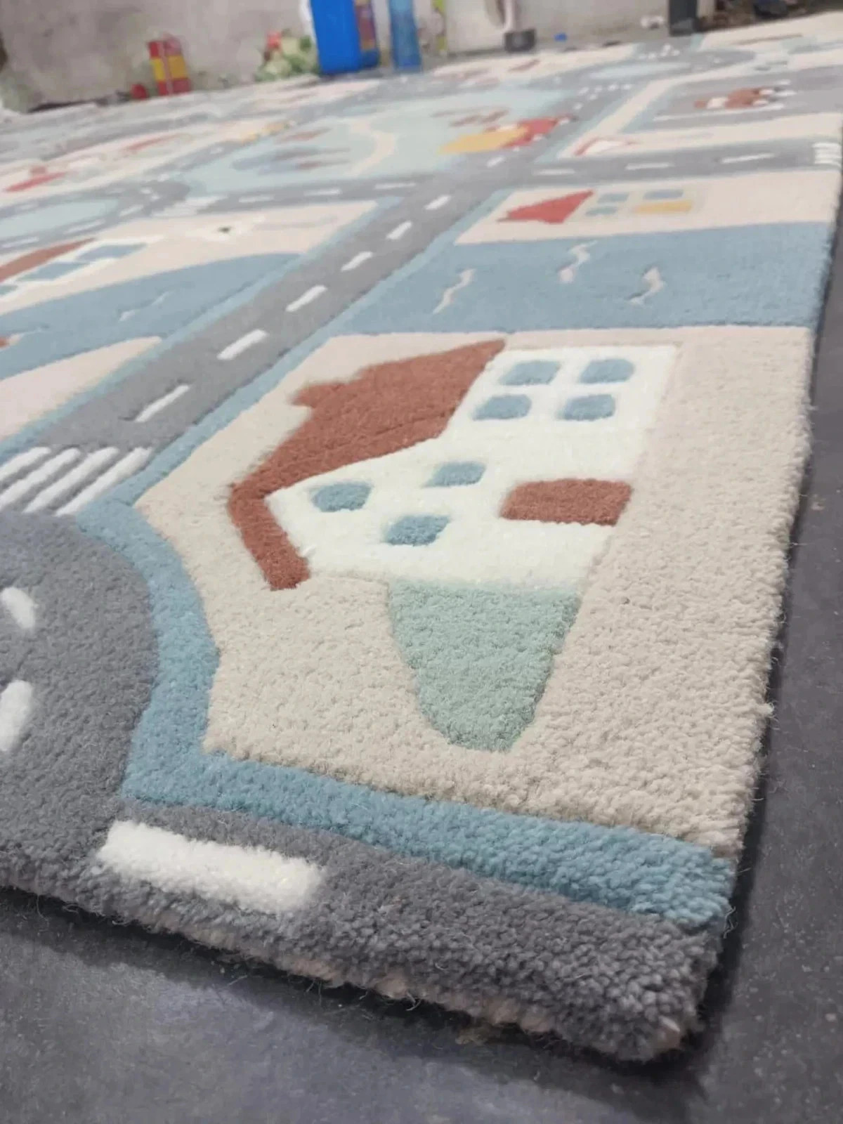 Kids City Road Play Rug | Hand Tufted Wool Playmat | Educational Car Track Rug