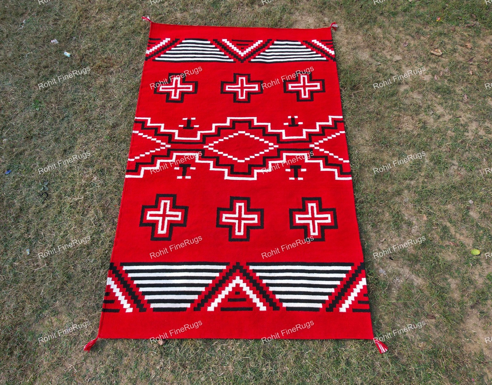 Custom Size Handwoven Red Wool Navajo Rug Native American Style Mexican Decor