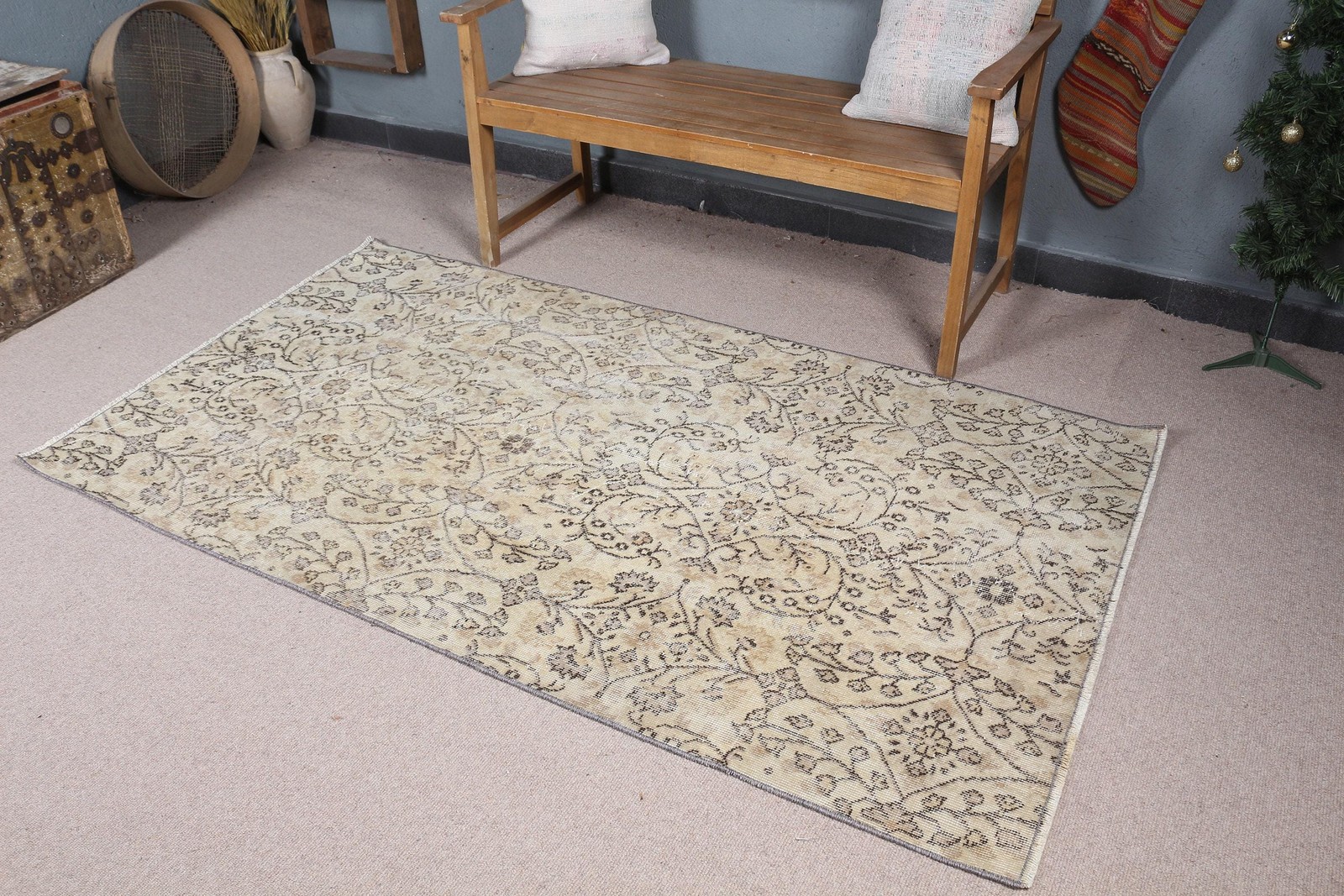 3,7×6,6 ft Area Vintage Rug, Turkish Rug, Gray Brown Handmade Wool Rug