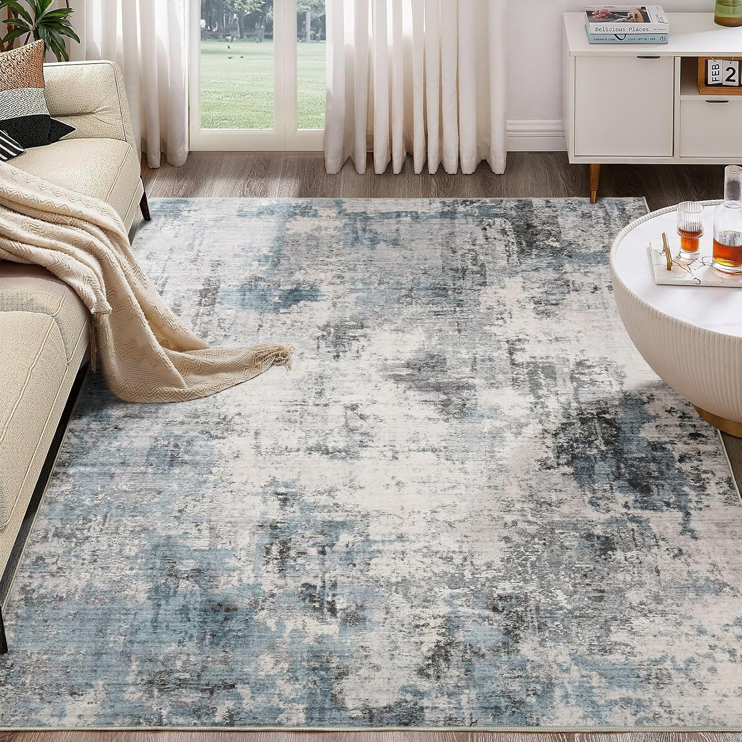 Abstract 9X12 Area Rug: Machine Washable Non Slip Ultra Thin Low-Pile Carpet, So