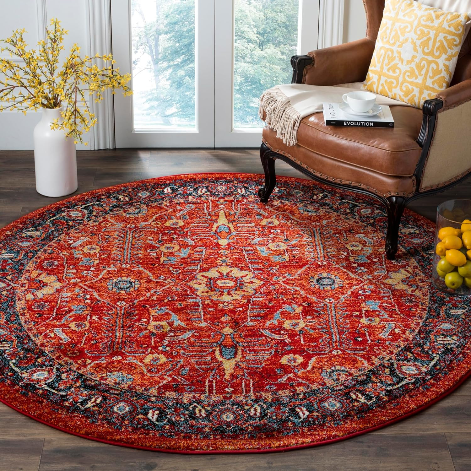 Vintage Hamadan 6’7″ Round Area Rug – Orange & Navy, Easy Care, Non-Shedding