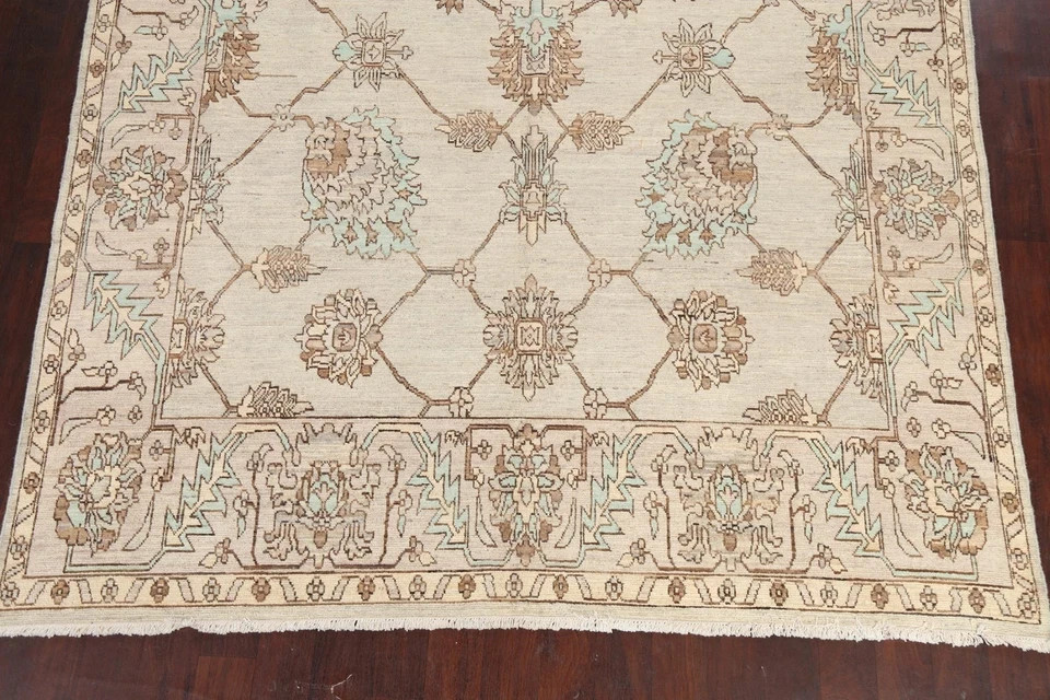 Hand Knotted Oushak Area Rug Vintage Floral Wool Carpet Cream & Tan 9×12 Rug