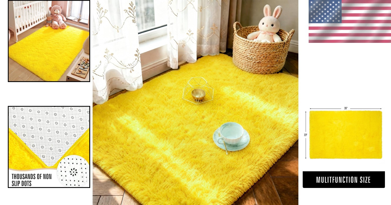 Luxurious 2×3 Feet Yellow Fluffy Carpet Rug – Perfect for Kids & Living Spaces