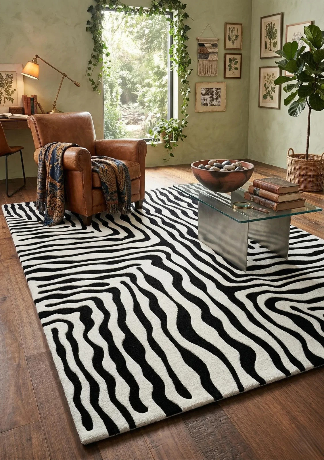 Luxury New Zealand Wool Zebra Rug Black White Hand Tufted Wool Animal Print 8×10