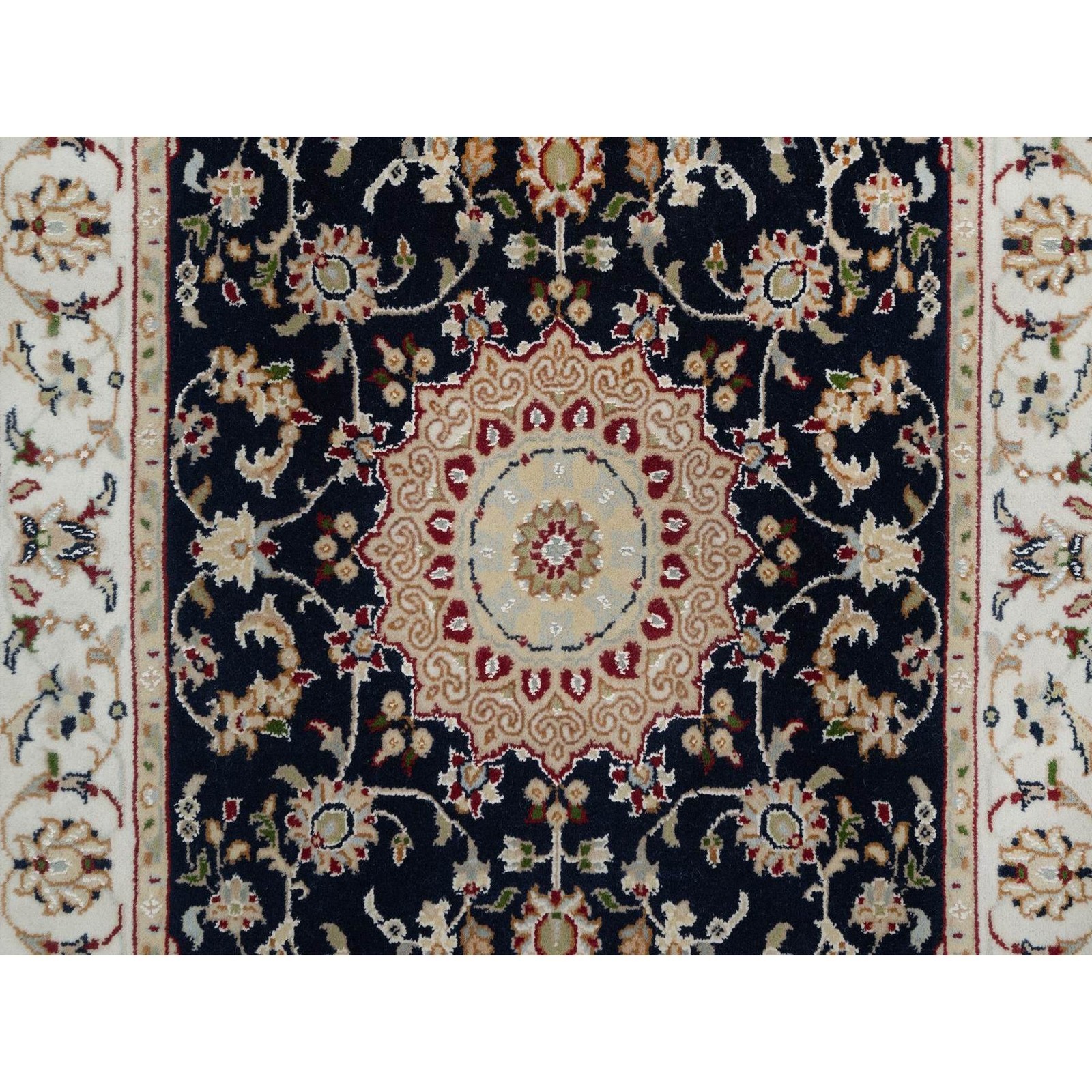 2’8″x4’2″ Navy Nain Medallion Design Hand Knotted Wool and Silk Mat Rug R91533