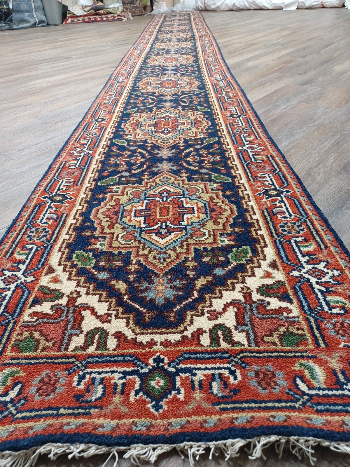 Bohemian Oushak Turkish Runner Rug, Oushak Hand Made Geometric Rug, 2.6×22.7 Ft