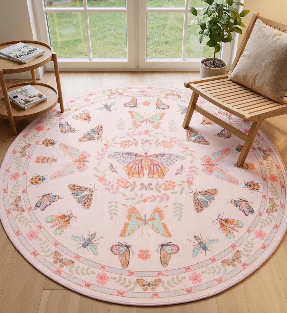 Boho Butterfly Nature Round Area Rug Pink | Soft Non-Slip & Washable, 4×4 ft