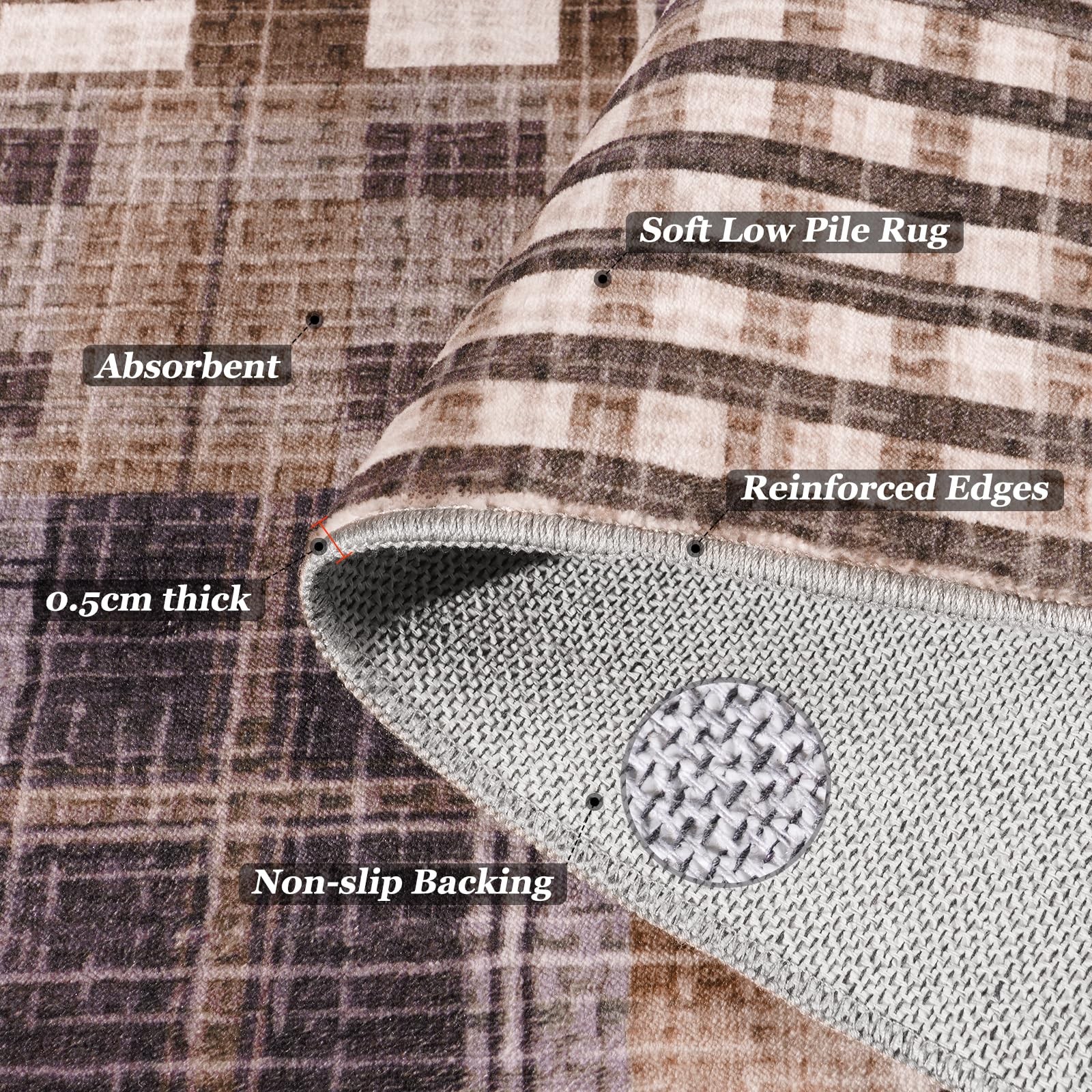 Washable Runner Rug 2×6, Non-Slip Plaid Carpet, Caramel Brown