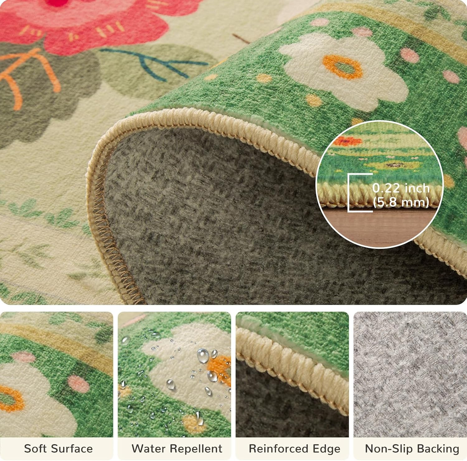 Washable Floral Area Rug for Living Room 5X7 Light Green | Non-Slip，Vacuum-Frien
