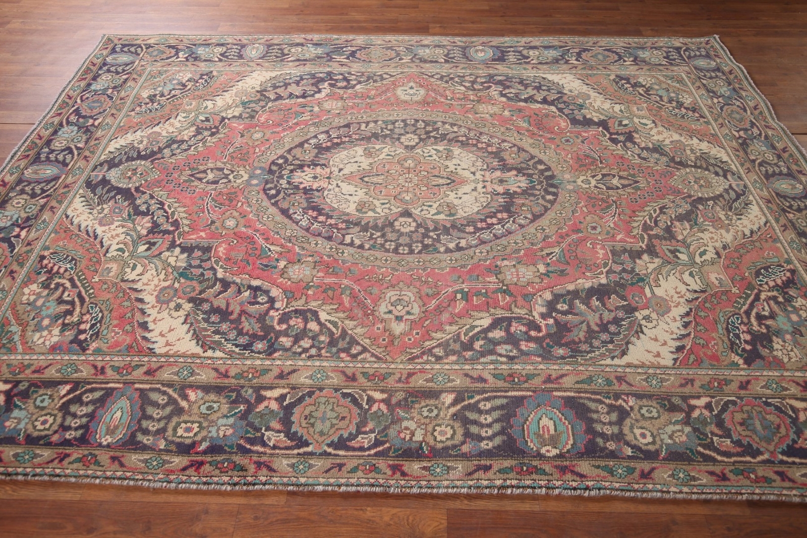Vintage Pink/ Navy Blue Wool Tebriz Area Rug 7×9 Traditional Living Room Carpet