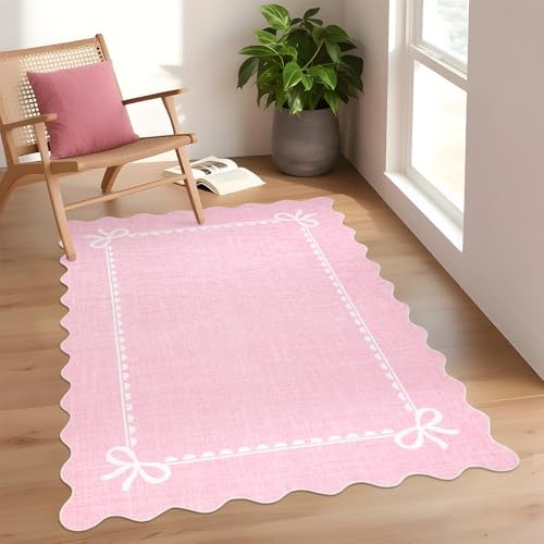 Scalloped Bow Rug 4×6 Washable Pink Rugs for Bedroom Living Room | Non Slip